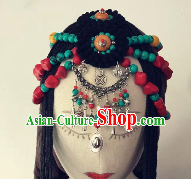 Chinese Traditional Tibetan Ethnic Braid Tassel Hair Accessories Zang Minority Nationality Headwear for Women
