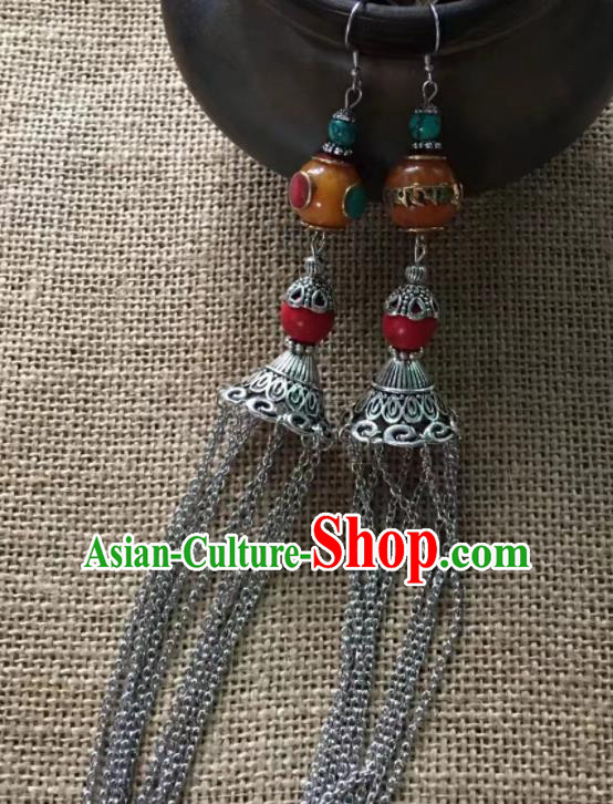 Chinese Traditional Ethnic Ear Accessories Nationality Silver Long Tassel Earrings for Women