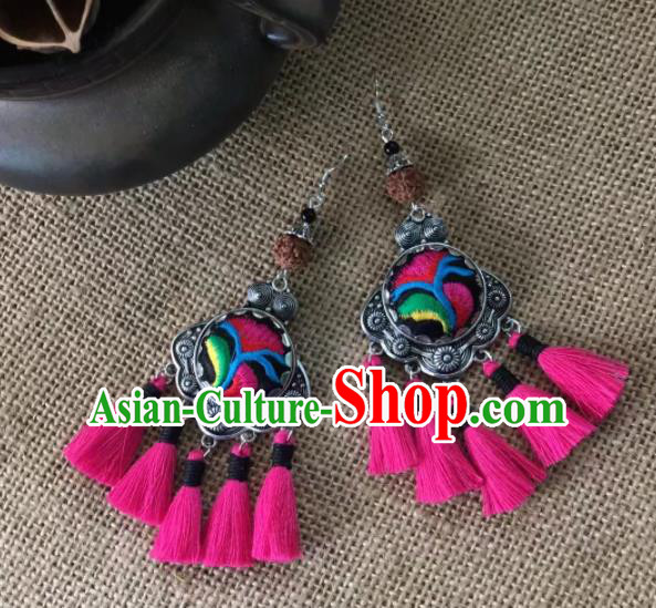 Chinese Traditional Ethnic Silver Ear Accessories Nationality Rosy Tassel Earrings for Women