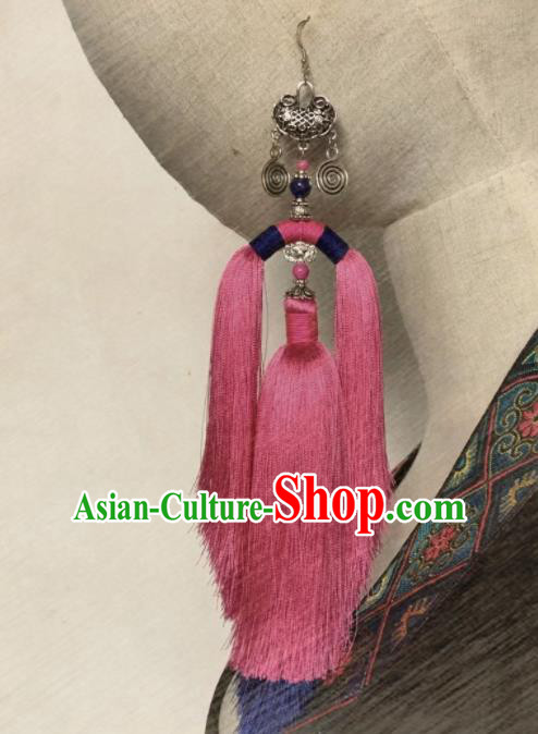 Chinese Traditional Ethnic Silver Ear Accessories Nationality Pink Tassel Earrings for Women