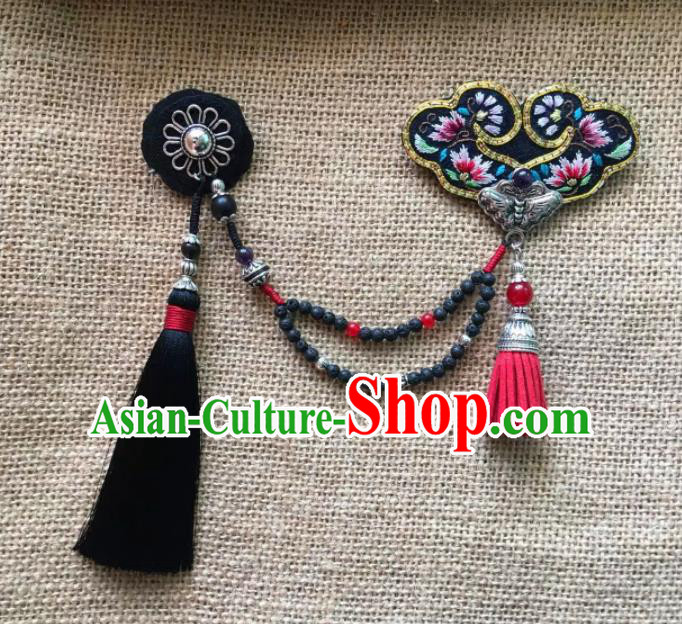 Chinese Traditional Ethnic Black Embroidered Necklace Accessories Nationality Tassel Necklet for Women