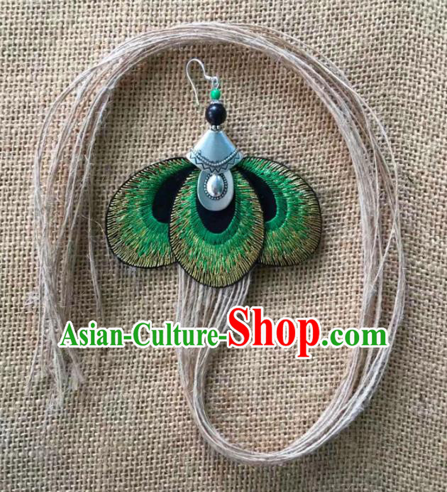 Chinese Traditional Ethnic Ear Accessories Nationality Green Embroidered Tassel Earrings for Women