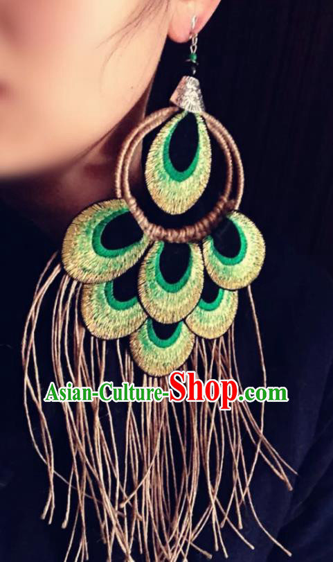 Chinese Traditional Ethnic Embroidered Peacock Ear Accessories Miao Nationality Tassel Earrings for Women