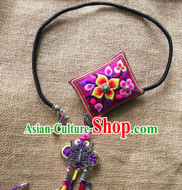 Chinese Traditional Ethnic Purple Embroidered Necklet Accessories Nationality Tassel Necklace for Women