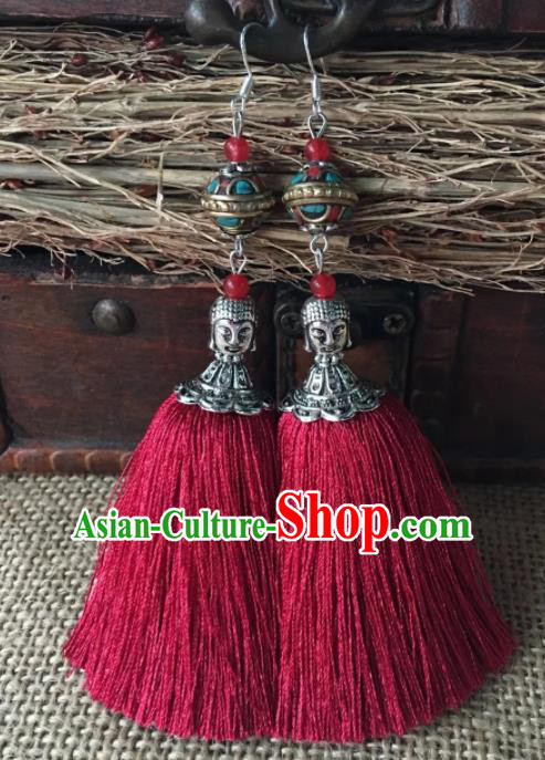 Chinese Traditional Ethnic Ear Accessories Miao Nationality Red Tassel Silver Carving Buddha Earrings for Women