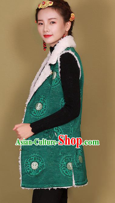Traditional Chinese Zang Ethnic Winter Green Vest Tibetan Minority Upper Outer Garment Costume for Women