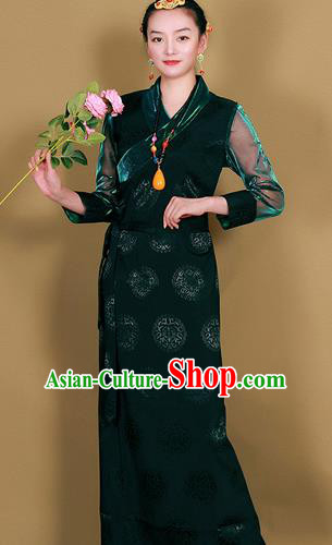 Traditional Chinese Zang Ethnic Atrovirens Heishui Dress Tibetan Minority Folk Dance Costume for Women