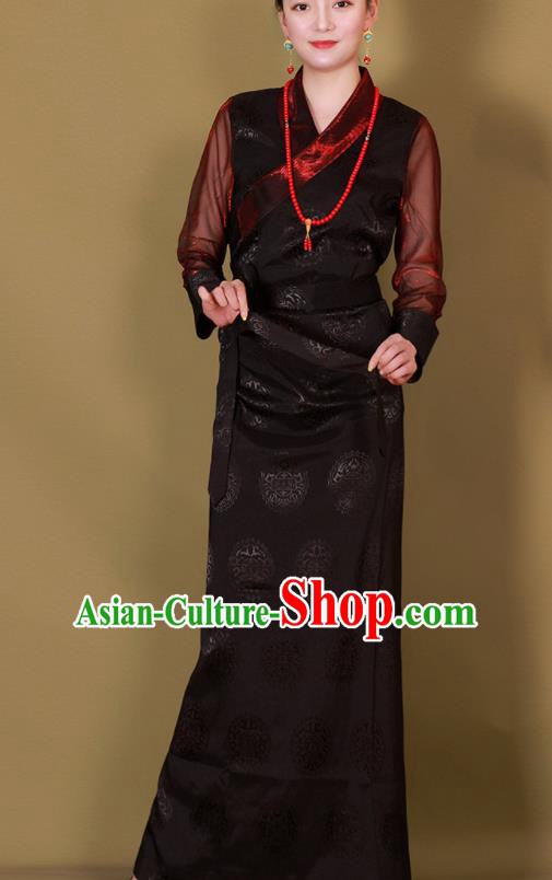Traditional Chinese Zang Ethnic Brown Heishui Dress Tibetan Minority Folk Dance Costume for Women