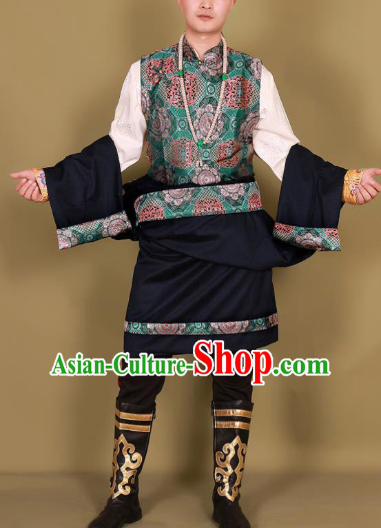 Chinese Traditional Ethnic Black Tibetan Robe Zang Nationality Costume for Men
