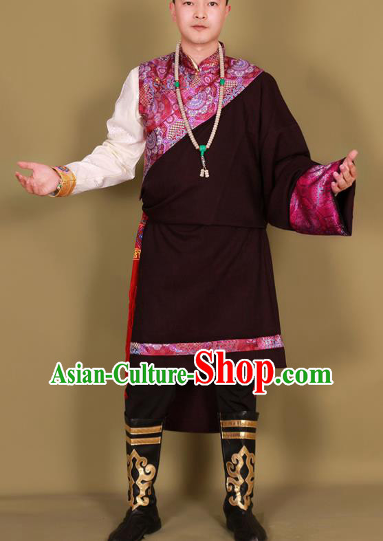 Chinese Traditional Ethnic Deep Purple Tibetan Robe Zang Nationality Costume for Men