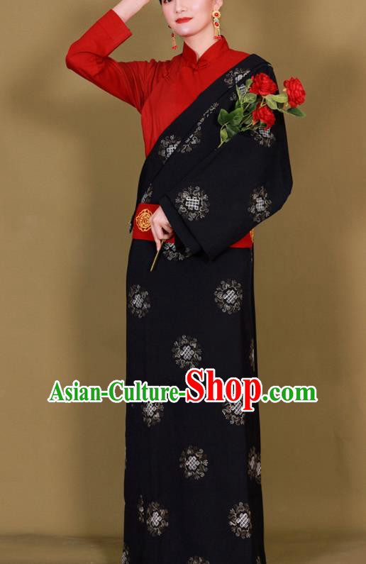 Traditional Chinese Zang Ethnic Black Guozhuang Dress Tibetan Minority Folk Dance Costume for Women