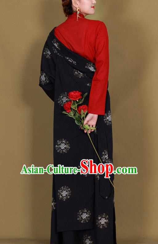 Traditional Chinese Zang Ethnic Black Guozhuang Dress Tibetan Minority Folk Dance Costume for Women