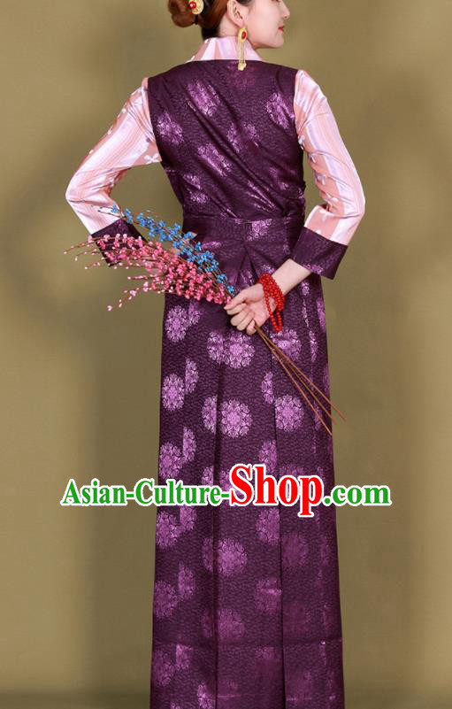 Traditional Chinese Zang Ethnic Kangba Purple Silk Dress Tibetan Minority Folk Dance Costume for Women