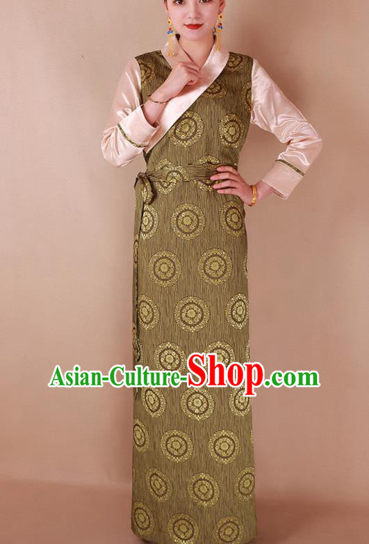 Traditional Chinese Zang Ethnic Olive Green Silk Dress Tibetan Minority Folk Dance Costume for Women