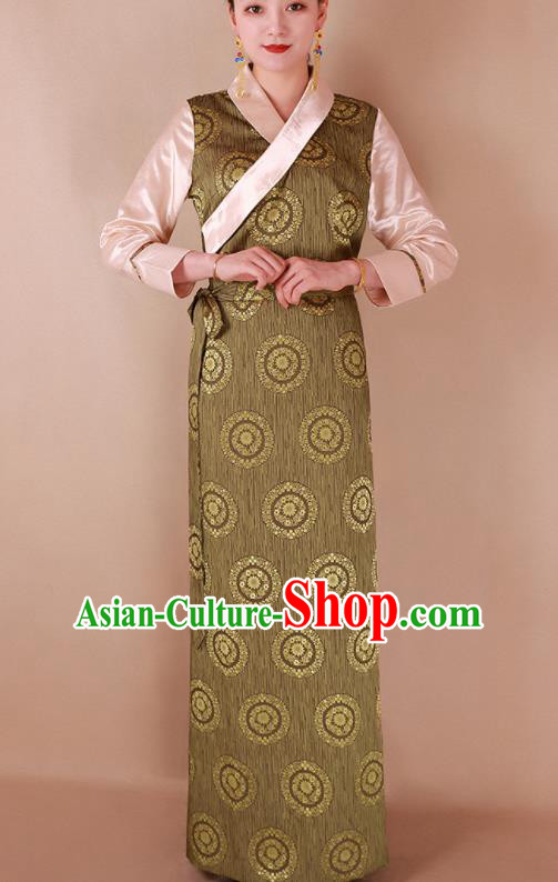 Traditional Chinese Zang Ethnic Olive Green Silk Dress Tibetan Minority Folk Dance Costume for Women