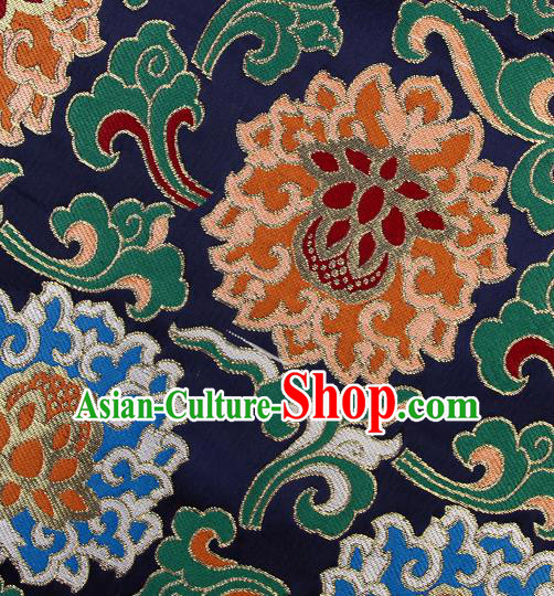 Asian Chinese Traditional Buddhism Lotus Pattern Navy Brocade Tibetan Robe Satin Fabric Silk Material