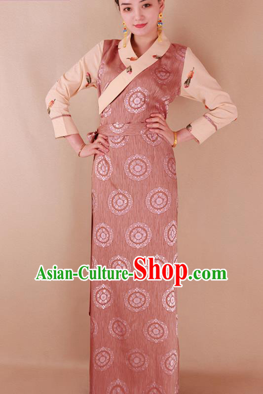 Traditional Chinese Zang Ethnic Pink Silk Dress Tibetan Minority Folk Dance Costume for Women