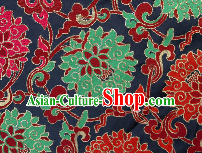 Asian Chinese Traditional Buddhism Auspicious Lotus Pattern Black Brocade Tibetan Robe Satin Fabric Silk Material