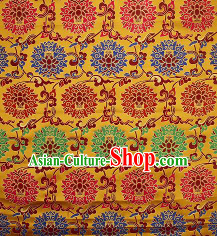 Asian Chinese Traditional Colorful Lotus Pattern Golden Brocade Tibetan Robe Satin Fabric Silk Material