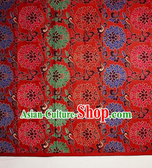 Asian Chinese Traditional Colorful Lotus Pattern Red Brocade Tibetan Robe Satin Fabric Silk Material