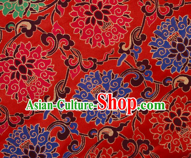 Asian Chinese Traditional Colorful Lotus Pattern Red Brocade Tibetan Robe Satin Fabric Silk Material