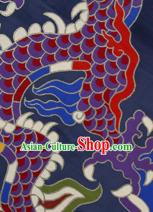 Asian Chinese Traditional Colorful Cloud Dragon Pattern Navy Brocade Tibetan Robe Satin Fabric Silk Material
