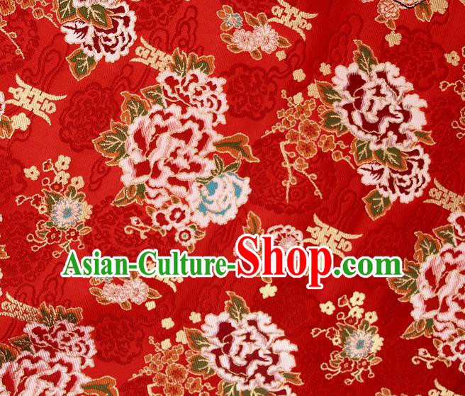 Asian Chinese Traditional Peony Plum Pattern Red Brocade Tibetan Robe Satin Fabric Silk Material