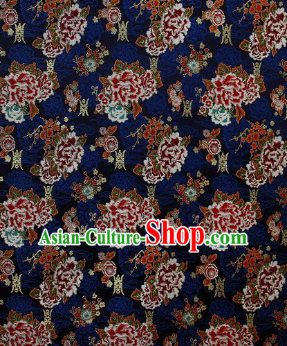 Asian Chinese Traditional Peony Plum Pattern Navy Brocade Tibetan Robe Satin Fabric Silk Material