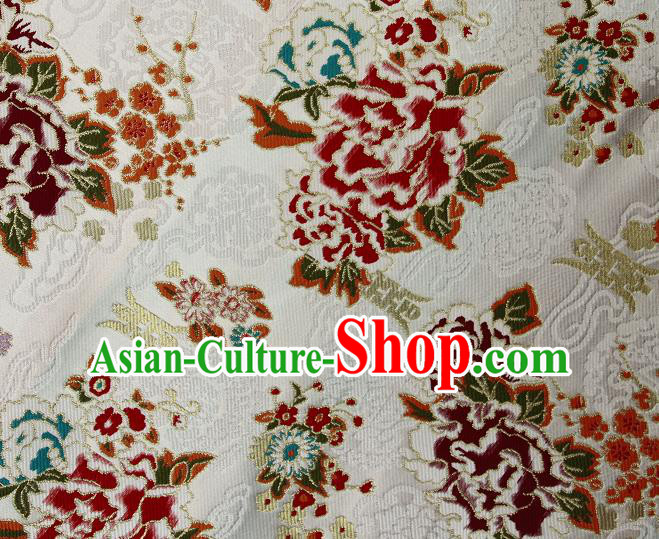 Asian Chinese Traditional Peony Plum Pattern White Brocade Tibetan Robe Satin Fabric Silk Material