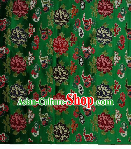 Asian Chinese Traditional Cloud Peony Pattern Green Brocade Tibetan Robe Satin Fabric Silk Material