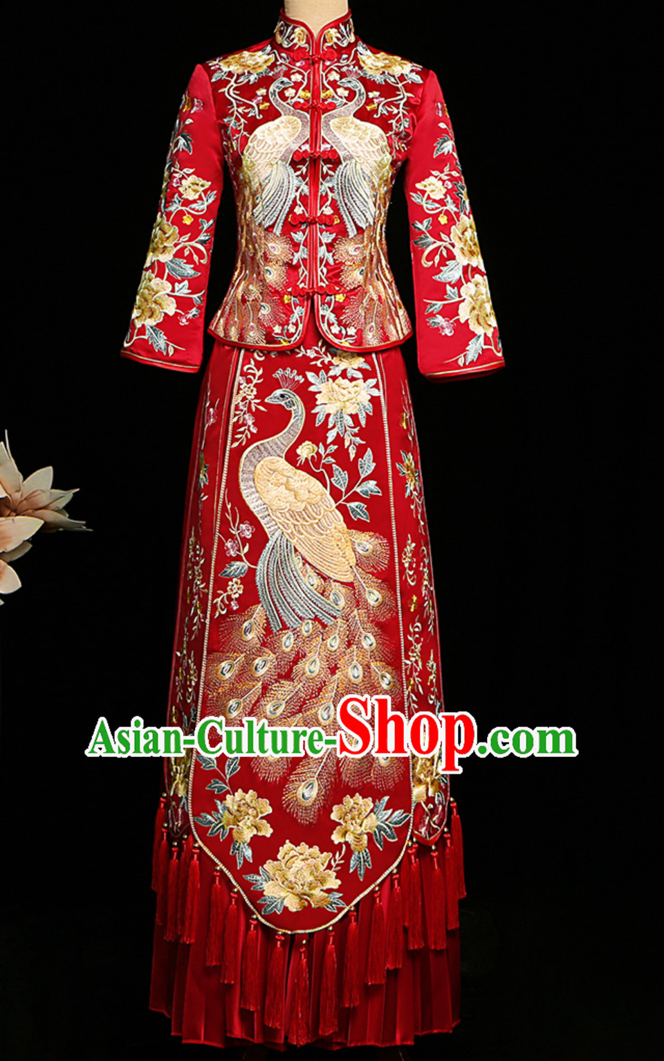 Top Red Tassels Chinese Classical Embroidered Phoenix Ancient Bride Wedding Dresses for Women
