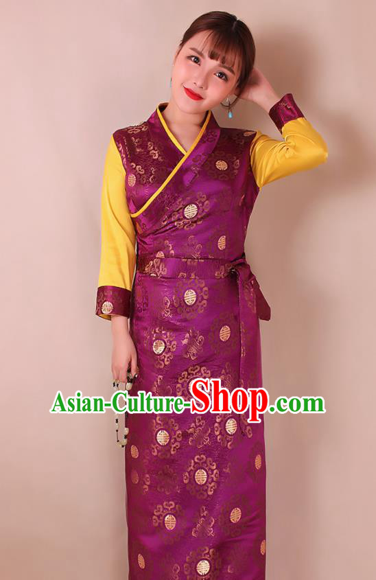 Traditional Chinese Zang Ethnic Purple Brocade Bora Dress Tibetan Minority Folk Dance Costume for Women