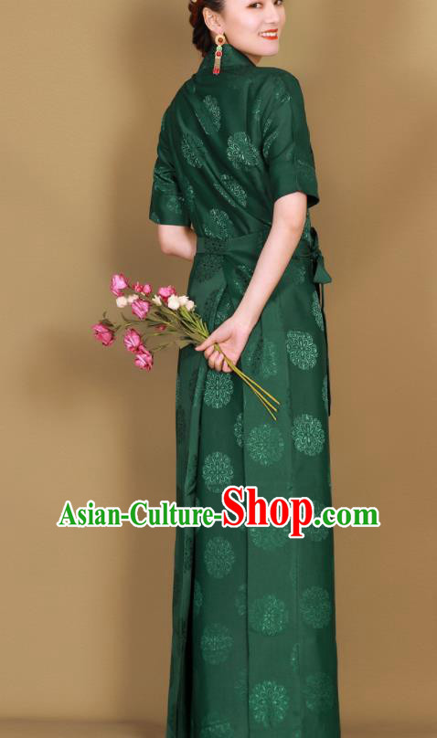 Traditional Chinese Zang Ethnic Green Guozhuang Dress Tibetan Minority Folk Dance Costume for Women