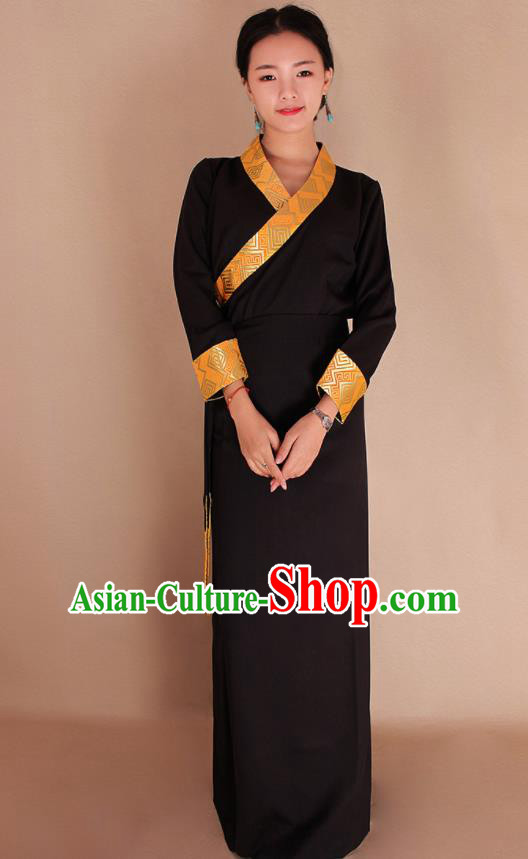 Traditional Chinese Zang Ethnic Kangba Black Dress Tibetan Minority Folk Dance Costume for Women