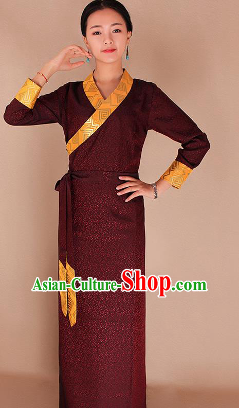 Traditional Chinese Zang Ethnic Kangba Purplish Red Dress Tibetan Minority Folk Dance Costume for Women