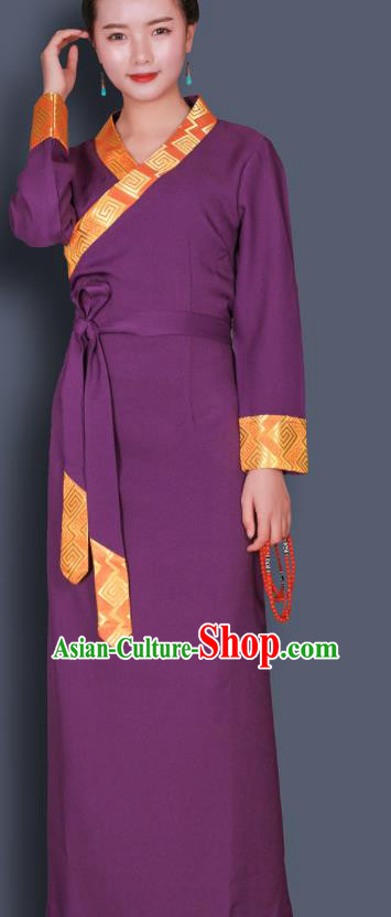 Traditional Chinese Zang Ethnic Kangba Purple Dress Tibetan Minority Folk Dance Costume for Women