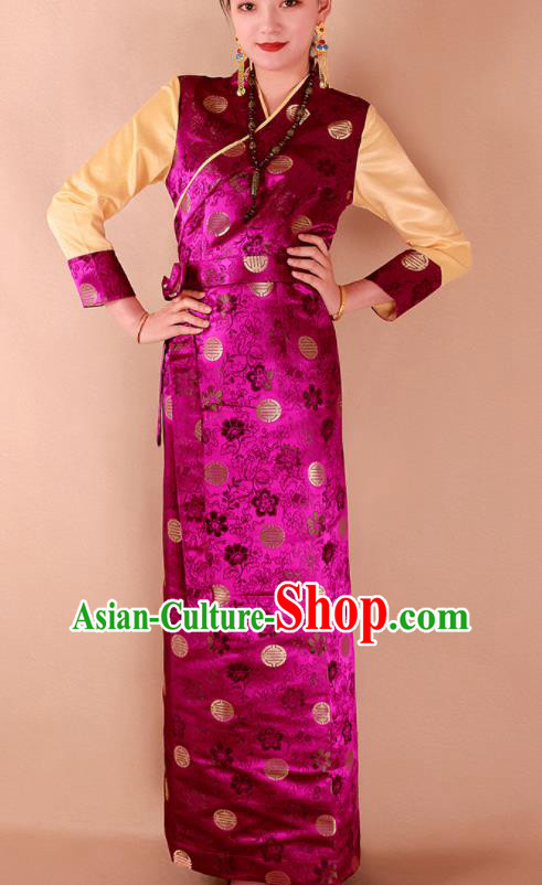 Traditional Chinese Zang Ethnic Kangba Rosy Brocade Dress Tibetan Minority Folk Dance Costume for Women