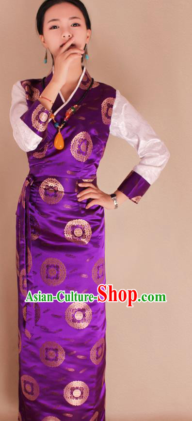 Traditional Chinese Zang Ethnic Kangba Purple Brocade Dress Tibetan Minority Folk Dance Costume for Women