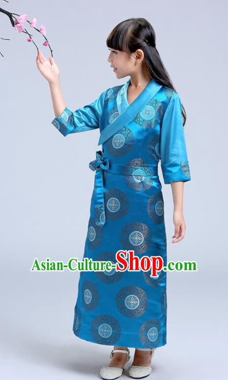 Traditional Chinese Zang Ethnic Girls Blue Dress Tibetan Minority Folk Dance Costume for Kids