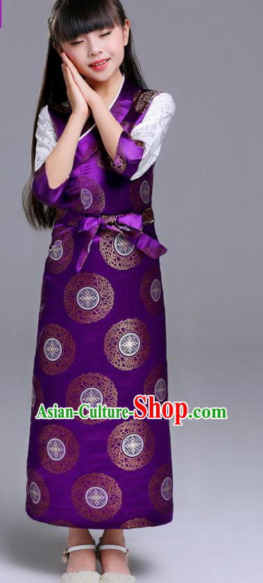 Traditional Chinese Zang Ethnic Girls Purple Dress Tibetan Minority Folk Dance Costume for Kids