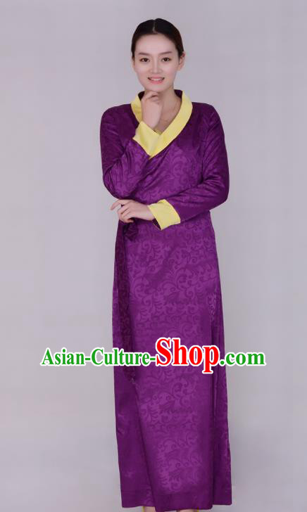 Traditional Chinese Zang Ethnic Folk Dance Purple Dress Tibetan Minority Costume for Women