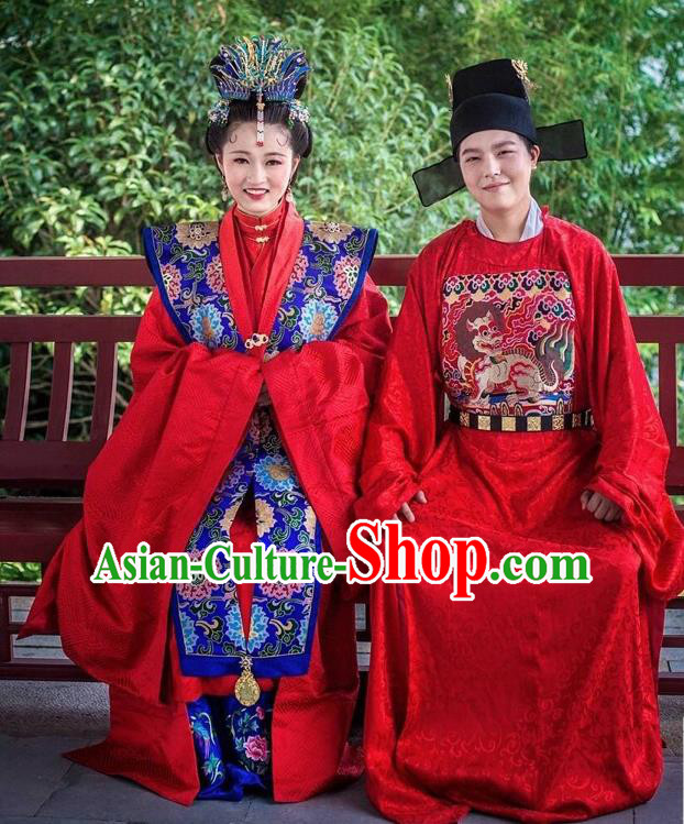 Traditional Chinese Ming Dynasty Wedding Hanfu Clothing Ancient Court Bride and Bridegroom Replica Costumes Complete Set
