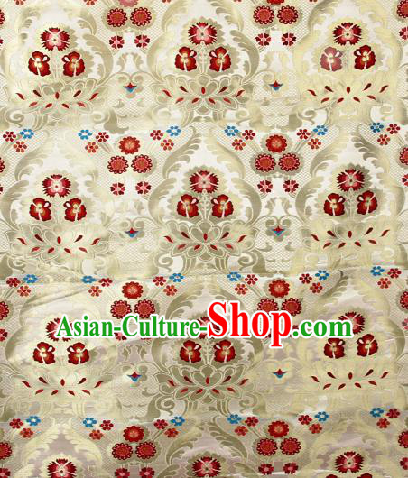 Asian Chinese Traditional Phoenix Galsang Flowers Pattern Beige Brocade Tibetan Robe Satin Fabric Silk Material