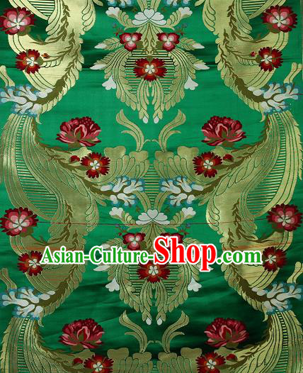 Asian Chinese Traditional Phoenix Galsang Flowers Pattern Green Brocade Tibetan Robe Satin Fabric Silk Material
