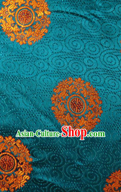 Asian Chinese Traditional Round Pattern Peacock Blue Brocade Tibetan Robe Satin Fabric Silk Material
