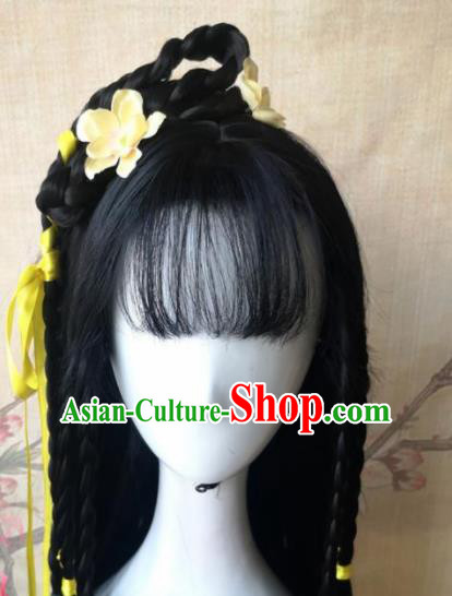 Chinese Traditional Cosplay Female Knight Huang Rong Wigs Ancient Swordswoman Wig Sheath Hair Accessories for Women