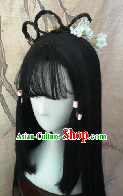 Chinese Traditional Cosplay Female Swordsman Huang Rong Wigs Ancient Nobility Lady Wig Sheath Hair Accessories for Women
