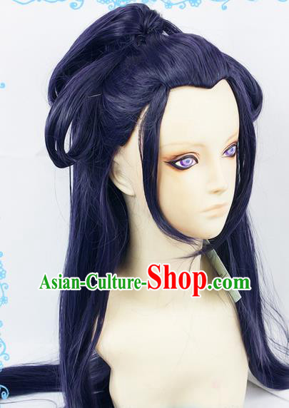 Chinese Traditional Cosplay Fairy Knight Blue Wigs Ancient Female Swordsman Wig Sheath Hair Accessories for Women