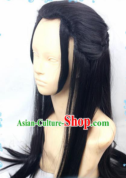 Chinese Traditional Cosplay Young Hero Black Long Wigs Ancient Swordsman Wig Sheath Hair Accessories for Men