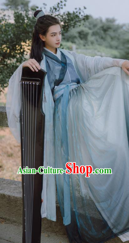 Traditional Chinese Jin Dynasty Nobility Childe Blue Hanfu Clothing Ancient Swordsman Prince Replica Costumes for Men